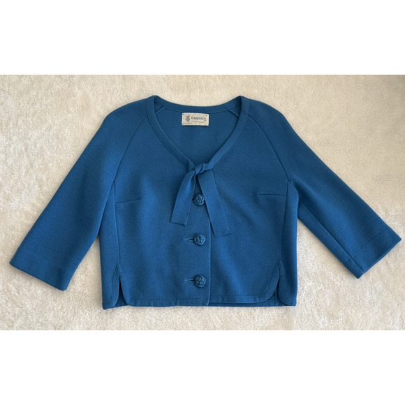 Vintage Kimberly Blue 100% Wool SM Knit Crop Jacket 3/4 Sleeve Buttons 60s Retro - Picture 1 of 14